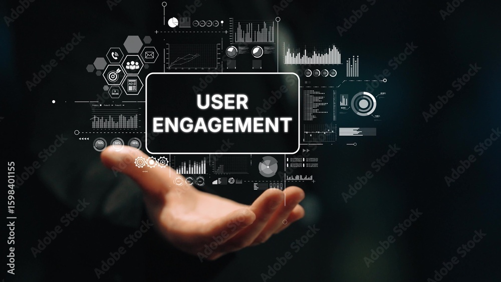 Fototapete conceptual hand presenting user engagement metrics with data visualizations and graphs in background