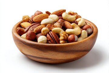 A wooden bowl filled with a variety of healthy mixed nuts isolated on white background