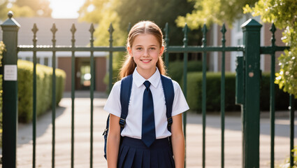 Smiling schoolgirl in uniform standing near school gate with backpack, ready for a sunny academic day outdoors