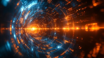 Abstract command matrix composed of radiant symbols, interface plates reflect holographic depth
