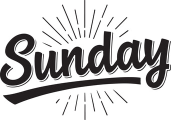 Isolated Sunday Typography, bold black letters, sun ray elements, casual weekend font, relaxed vector design for leisure