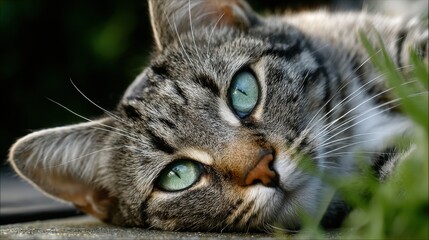 Obraz premium A gray tabby cat with striking green eyes relaxes on a sunny day, lying among green grass while surveying its environment, seemingly enjoying the warm weather and gentle breeze