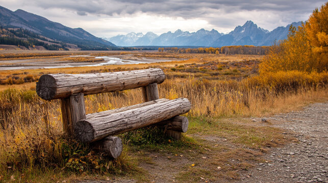 A log bench sits on the side of an old road leading to mountains in the distance, surrounded by yellow grasslands and rivers.