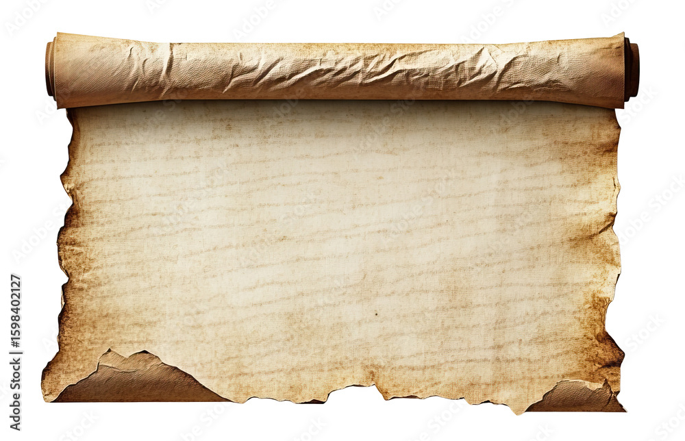 Fototapete ancient rolled parchment scroll with torn edges, isolated on transparent cutout background