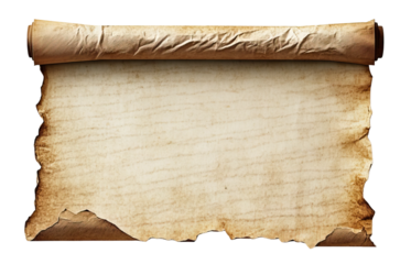 Ancient rolled parchment scroll with torn edges, isolated on transparent cutout background