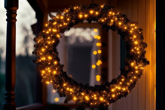 Twinkling fairy lights enhance a festive Christmas wreath on a cozy home entrance at night