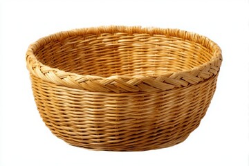 Woven round basket made of natural fibers isolated on white background