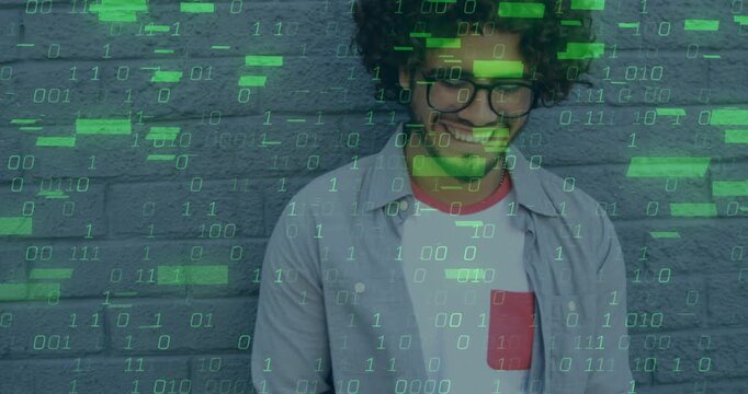 Man tilting smartphone downward in tech demo, generating green binary overlay growing around him
