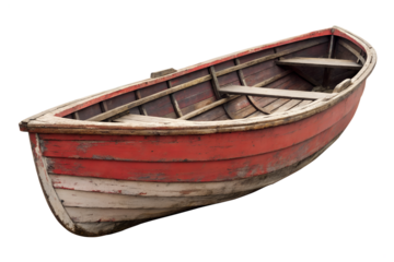 Weathered red and white wooden rowboat isolated on transparent background