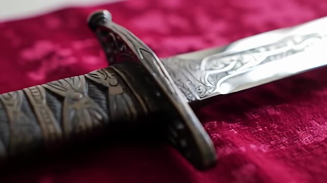 Highly ornate etched dagger blade on a vibrant pink velvet backdrop