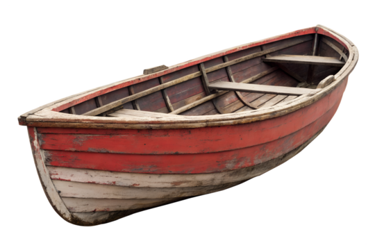 Weathered red and white wooden rowboat isolated on transparent background - Powered by Adobe