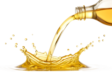 Golden oil pouring with splashing action isolated on transparent background