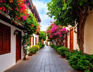 Fototapeta premium Charming, colorful alleyway with vibrant flowers