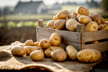 Freshly harvested potatoes in a wooden crate outdoors