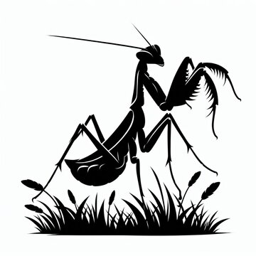 black praying mantis silhouette in grass clip art preview