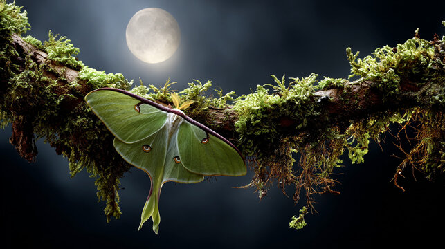 A Luna moth resting on a mossy branch, with the moon in the background.