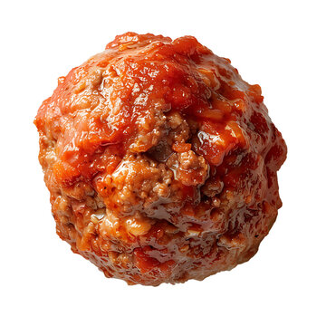 A single meatball covered in rich tomato sauce, presented against a white background.