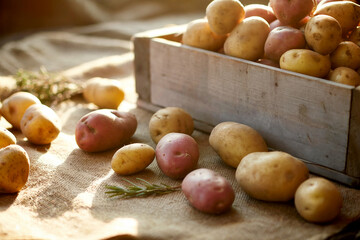 Freshly harvested potatoes in a rustic wooden crate
