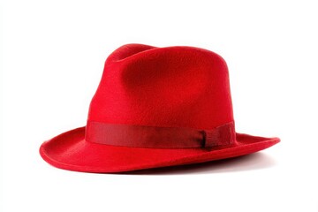 Classic red fedora hat with ribbon detail isolated on white background