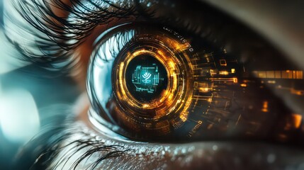 Close up of a human eye with a futuristic digital interface overlayed on the iris and pupil