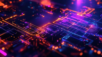 Close up view of a complex circuit board with glowing neon lights and intricate design patterns visible