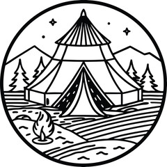 Vintage tent and bonfire scene with striped background for camping adventures