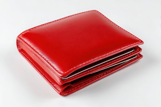 Shiny red leather bifold wallet with credit cards isolated on white background
