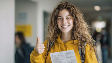 Happy student holding report card, feeling proud and accomplished about academic performance, joyfully showing thumbs up gesture