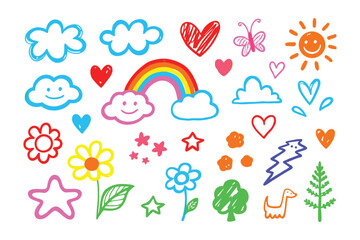 Colorful Doodle Collection: A vibrant and whimsical collection of hand-drawn doodles, showcasing a playful array of clouds, hearts, rainbows, sun, stars, and flowers.