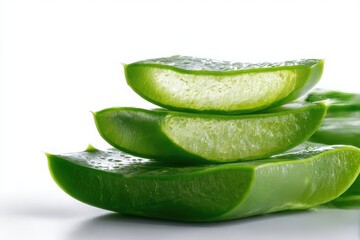 Three fresh aloe vera slices stacked on top of each other isolated on white background