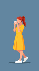 Redhaired woman in yellow dress sips from a white mug side view.