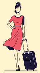 Stylish Woman with Red Dress and Rolling Suitcase Ready for Travel.