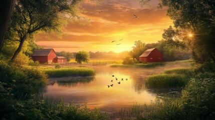 Fototapeta premium Serene sunset over idyllic rural landscape with red barns, pond, and birds.