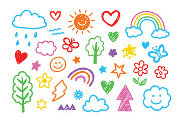 Playful Scribbles of Joy: A collection of colorful hand-drawn illustrations featuring clouds, suns, hearts, rainbows, and stars, all brimming with the exuberance and optimism of childhood imagination.