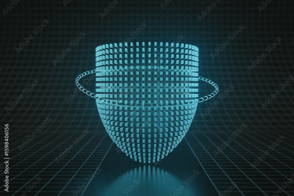 Aufkleber futuristic digital shield made of glowing blue binary code protecting data on a dark grid background