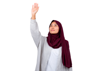 Young asian female in maroon hijab raising on transparent background, PNG