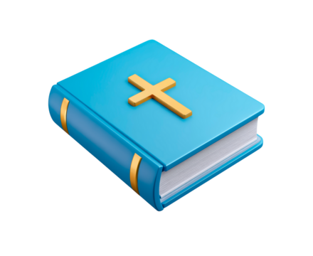 Blue bible with gold cross on cover on transparent background, PNG