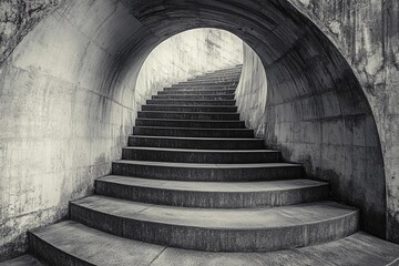 Steps lead into an endless circular tunnel creating a mysterious atmosphere with a sense of depth and intrigue
