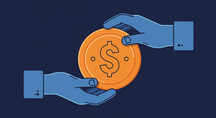 Two Hands Holding a Large Gold Dollar Coin Vector Illustration