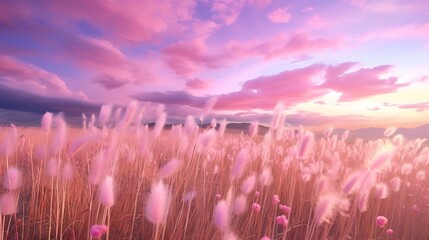 A dreamlike landscape of candy-colored clouds floating over an endless field of soft, glowing grasses, sky illuminated by radiant orbs and streaks of gold and pink.