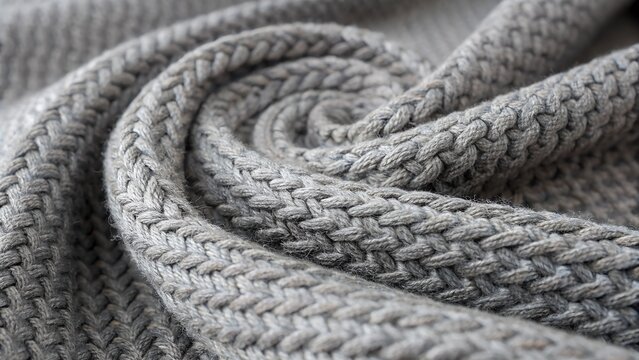 Gray heather pattern a close up shot of a gray knitted fabric with a braided pattern in a spiral arrangement design.