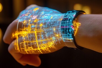 3D holographic map displayed from a wristband illuminates the hand with vibrant city pathways and landmarks during the evening