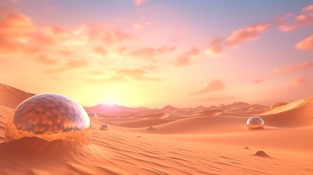 A dreamy landscape of candy-colored sand dunes, glowing spheres hovering in the sky, a surreal sun casting shimmering golden light over the entire scene.