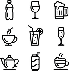 Various beverage icons in minimalist line art style drink collection