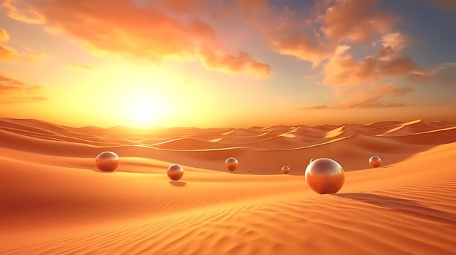 A dreamy landscape of candy-colored sand dunes, glowing spheres hovering in the sky, a surreal sun casting shimmering golden light over the entire scene.