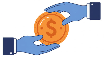 Illustration of Hands Exchanging a Gold Dollar Coin