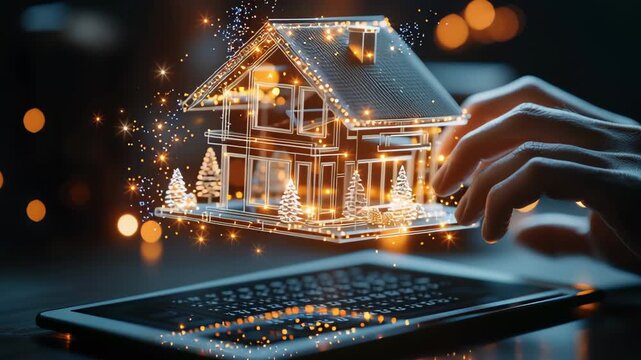 PropTech innovations are transforming real estate. Hand holding smartphone with glowing house graphic above it.	
