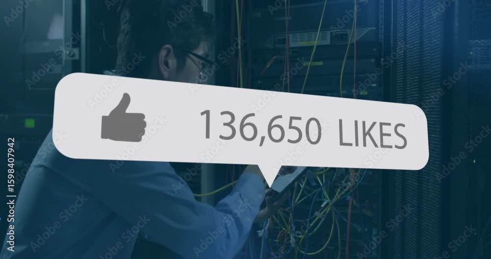 Poster it engineer tapping tablet and monitoring floating like counts rising in data center for engagement