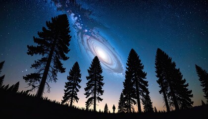 Fototapeta premium Galactic Core Silhouette Behind Forest Of Trees Under A Starry Night Sky