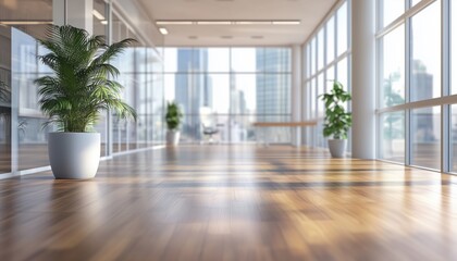 Fototapeta premium Blurred Image Of Contemporary Office Interior With Expansive Windows And Shiny Hardwood Flooring. Defocused Photograph Of Bright And Spacious Workspace.